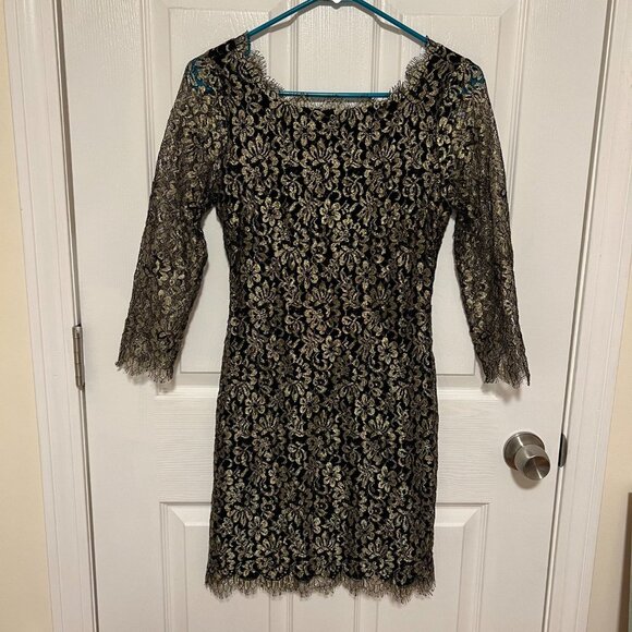 DVF Diane Von Furstenberg Zarita Gold Black Lace Dress - Picture 2 of 9
